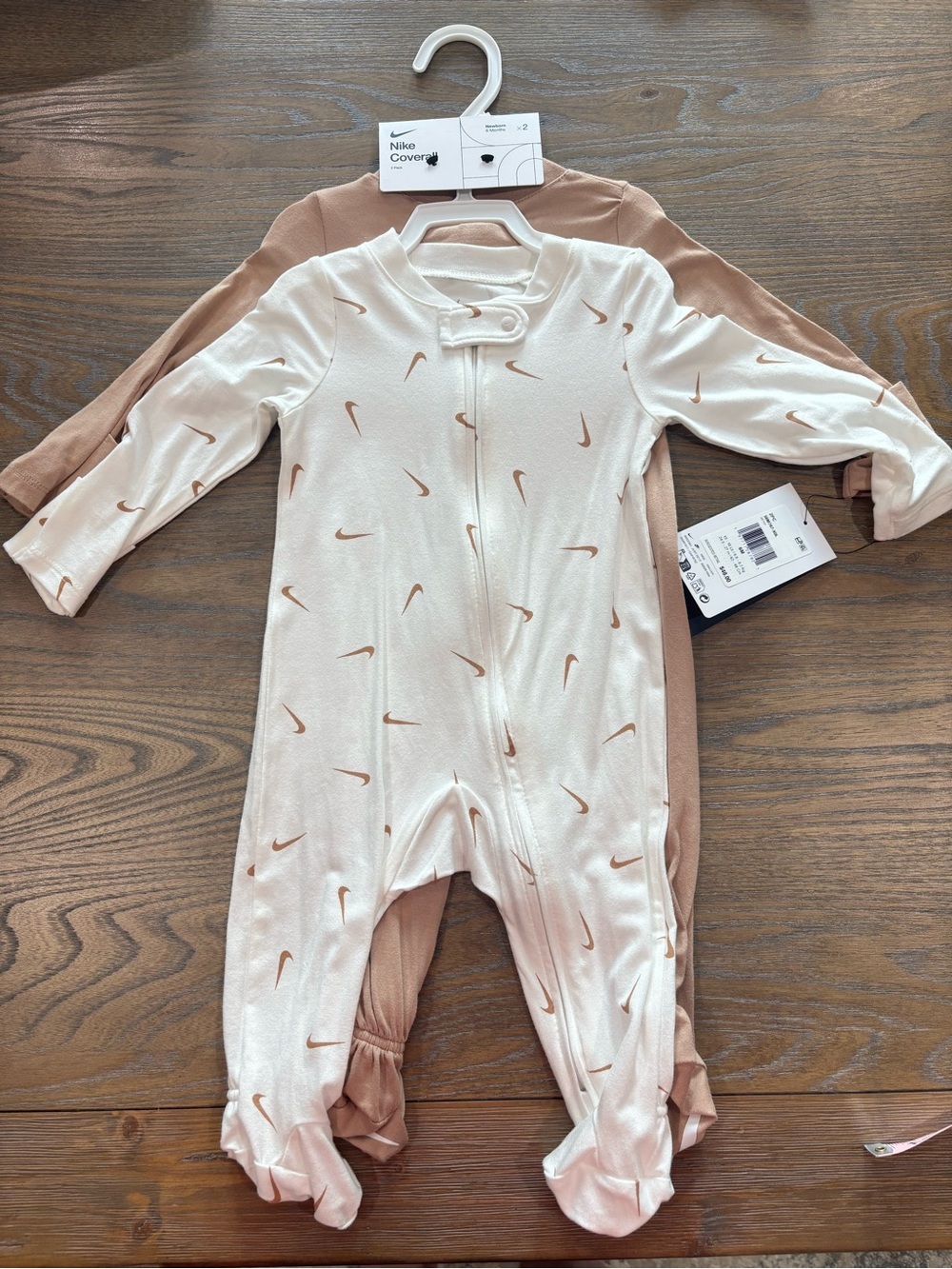 Nike | 2-Pack Footed Hemp Onesies in White & Tan | 6 mo